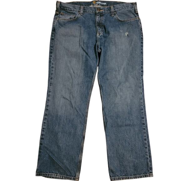 Carhartt Men Relaxed Straight Jeans 38x30 Blue Denim Distressed Workwear Utility - Picture 1 of 12